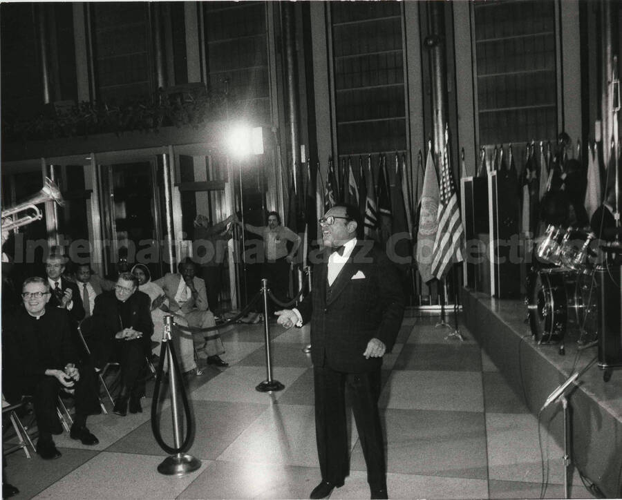 8 x 10 inch photograph. Lionel Hampton in a ceremony where he received a plaque from the United States Mission that appointed him as Ambassador of Music to the United Nations