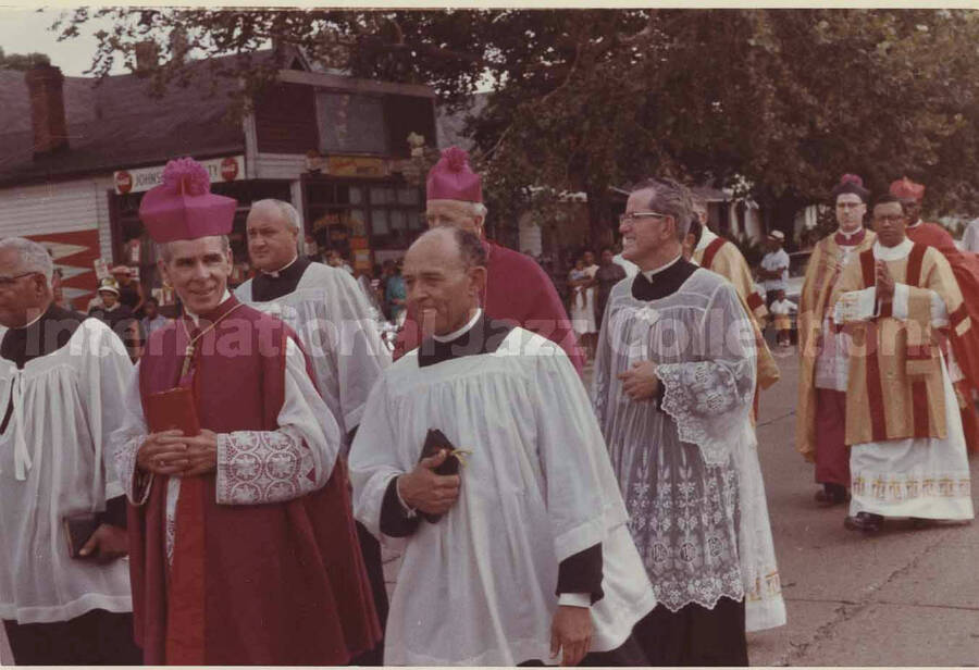 3 1/2 x 5 inch photograph. [Bishop Fulton John Sheen] and other religious figures. Stamped on the back of the photograph: Souvenir 48th Annual Convention Knights and Ladies of St. Peter Claver, Aug. 3-8, 1963, Indianapolis (ID)