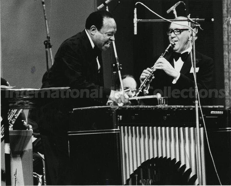 8 x 10 inch photograph. Lionel Hampton and Benny Goodman. Handwritten at the back of the photograph: Last date with L.H. and B.G. at Carnegie Hall