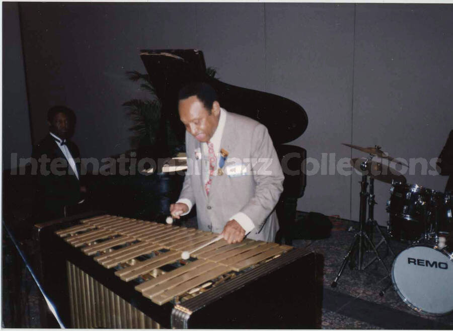 3 1/2 x 5 inch photograph. Lionel Hampton playing the vibraphone, on the occasion of the Republican National Convention, in New Orleans, LA