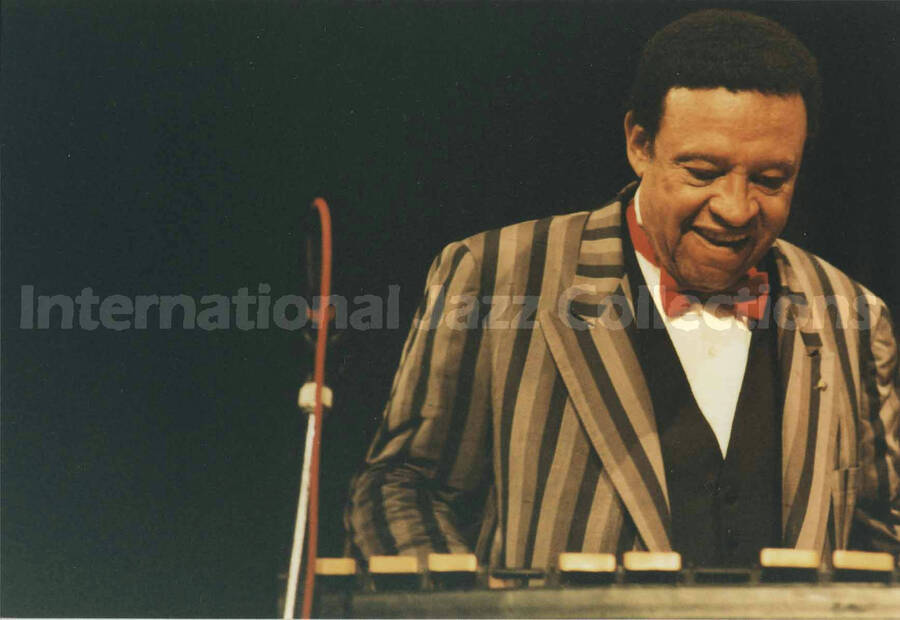 4 x 6 inch photograph. Lionel Hampton playing the vibraphone, in Canada