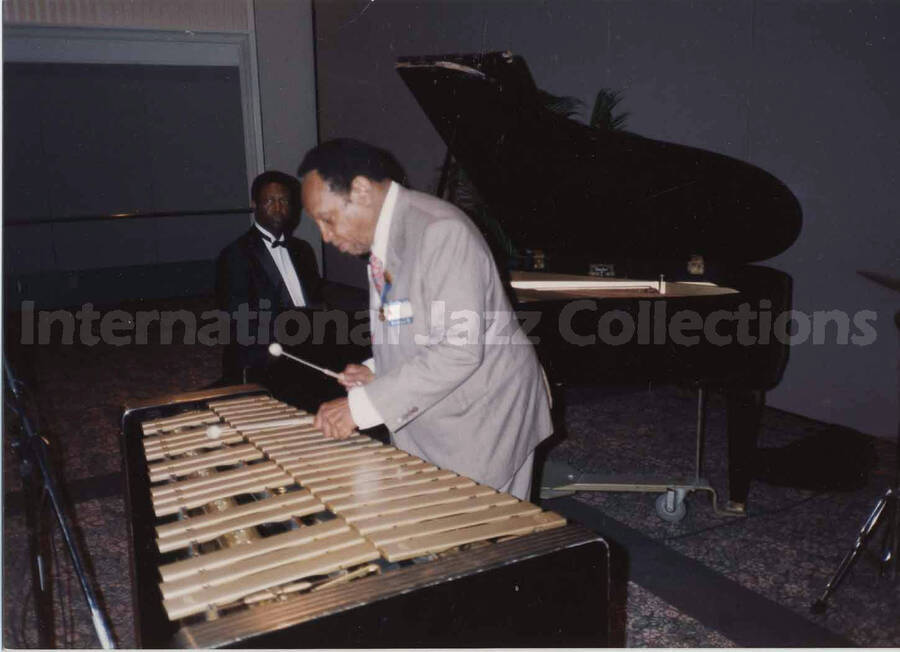 3 1/2 x 5 inch photograph. Lionel Hampton playing the vibraphone, on the occasion of the Republican National Convention, in New Orleans, LA