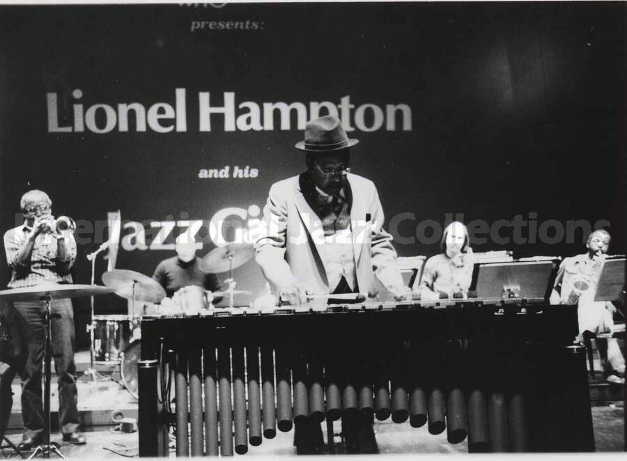 3 3/4 x 5 1/4 inch photograph. Lionel Hampton and his Jazz Giants, [in France]