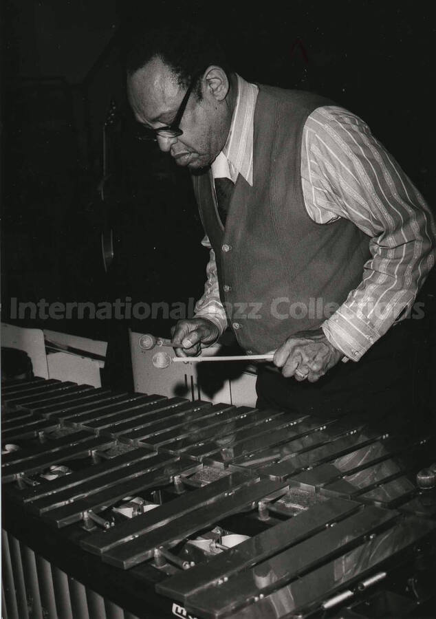 7 x 5 inch photograph. Lionel Hampton playing the vibraphone [in Germany]