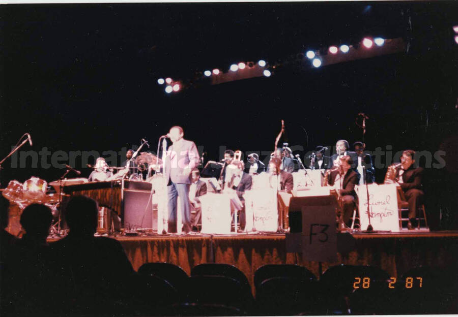 4 x 6 inch photograph. Lionel Hampton on stage on the occasion of the dedication of the Lionel Hampton School of Music. University of Idaho, Moscow, ID