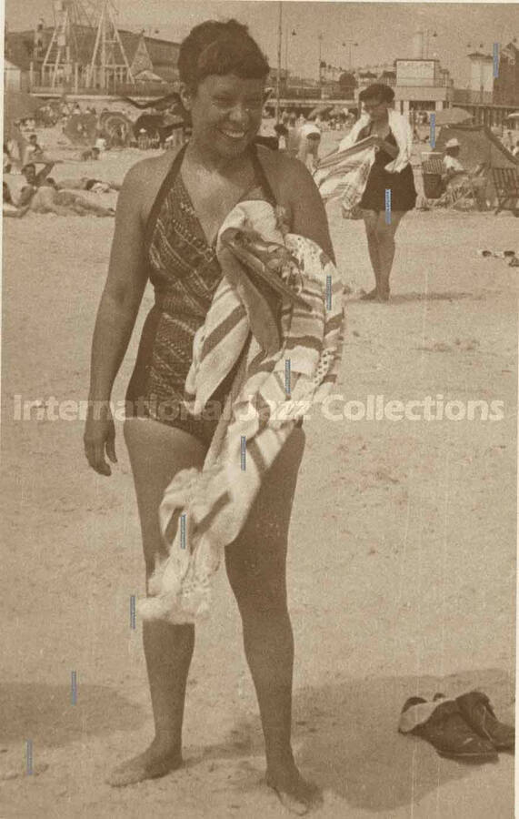 5 x 3 1/2 inch photograph. Gladys Hampton at the beach