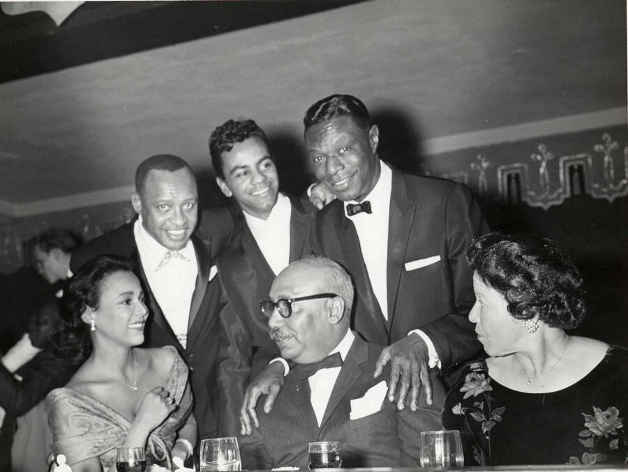 8 x 10 inch photograph. Lionel Hampton with Johnny Mathis, Nat King Cole, Dorothy Dandridge, Leon Washington, and Mrs. Cole