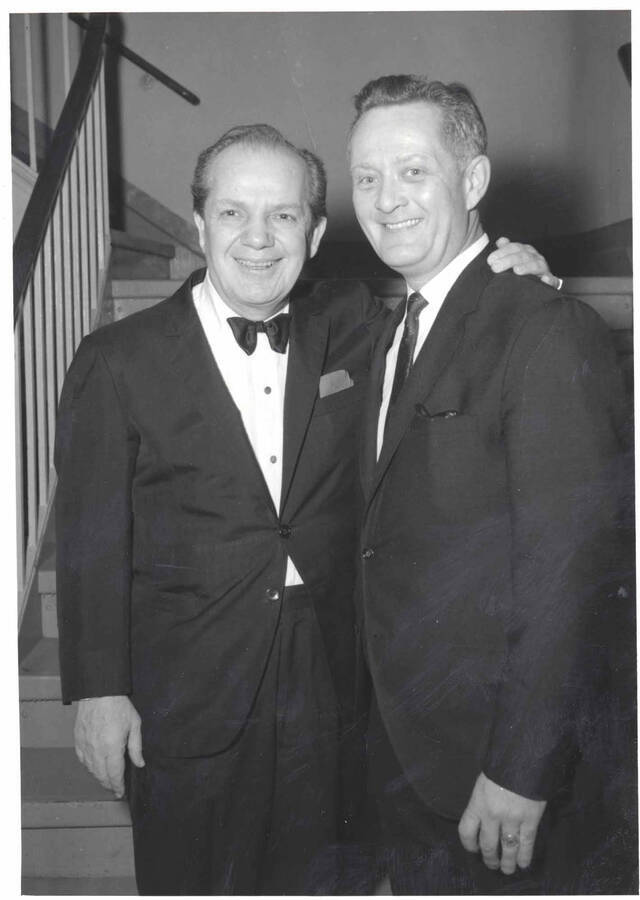7 x 5 inch photograph. Joey Adams with unidentified man. New York, NY