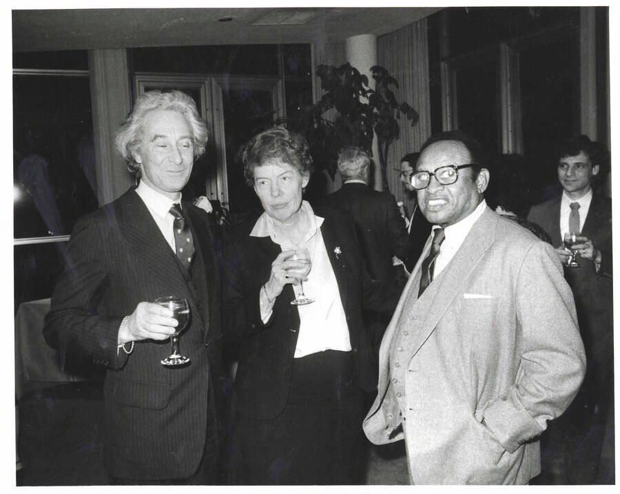 8 x 10 inch photograph. Lionel Hampton with Bill Titone and Jeane Jordan Kirkpatrick, on the occasion of his receiving a plaque from the United States Mission that appointed him as Ambassador of Music to the United Nations