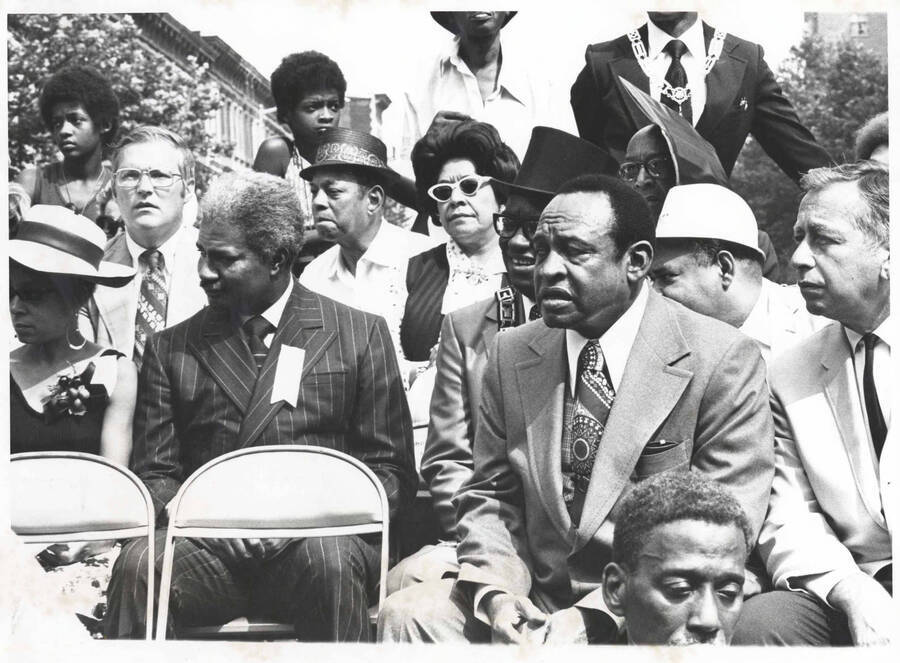 8 x 10 inch photograph. Lionel Hampton with Ossie Davis and Malcolm Wilson at the Grand Opening of Lionel Hampton Houses