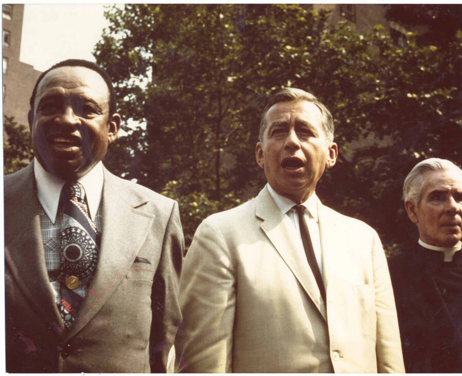 8 x 10 inch photograph. Lionel Hampton and Malcolm Wilson at the Grand Opening of the Lionel Hampton Houses