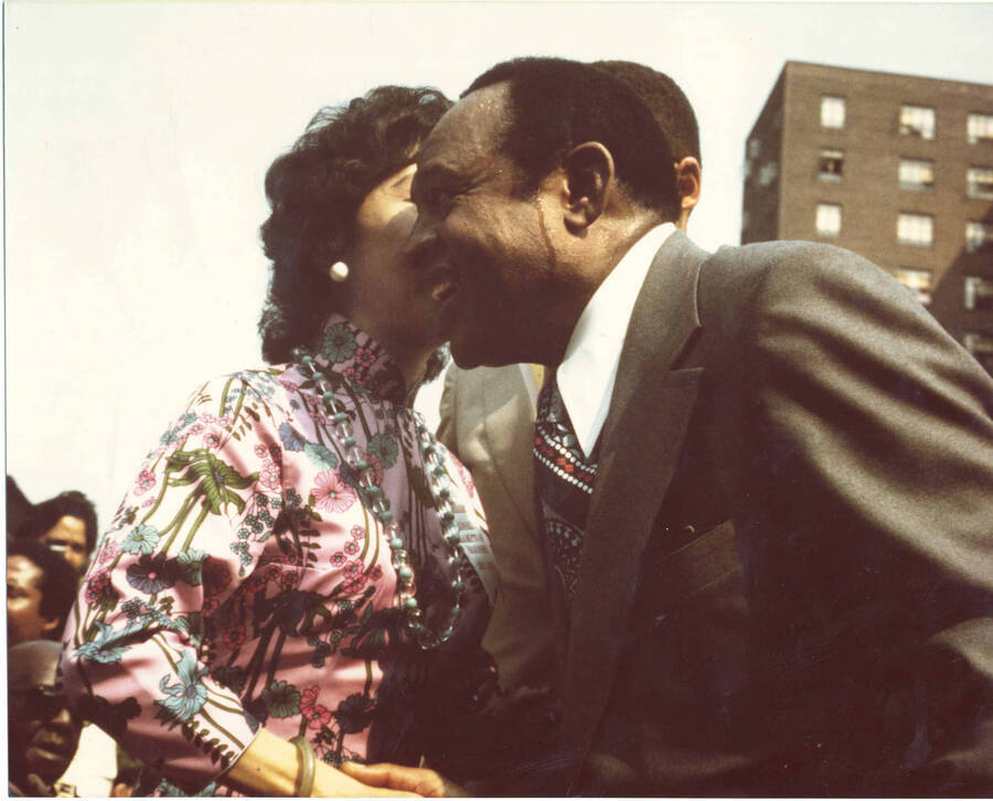 8 x 10 inch photograph. Lionel Hampton with unidentified woman at the Grand Opening of Lionel Hampton Houses