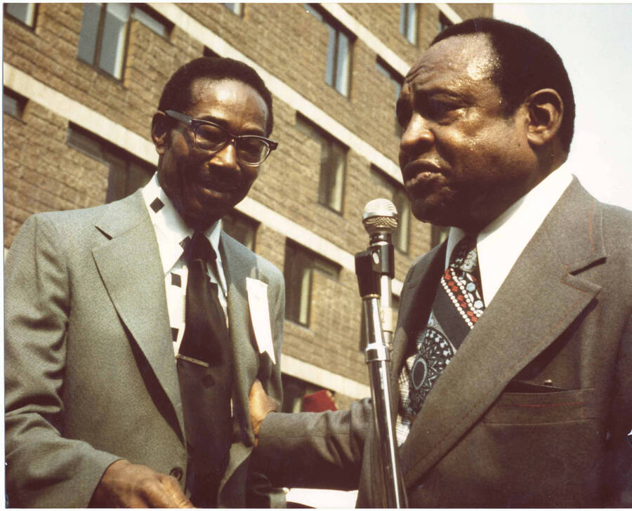 8 x 10 inch photograph. Lionel Hampton speaks at the Grand Opening of Lionel Hampton Houses