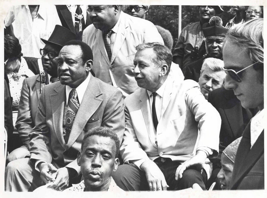 8 x 10 inch photograph. Lionel Hampton with lieutenant governor of New York, Malcolm Wilson, at the Grand Opening of Lionel Hampton Houses