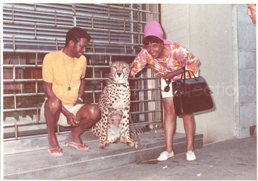 Gladys Hampton and Leo Moore with a cheetah in Rimini, Italy. 3 1/2 x 5 inch photograph.