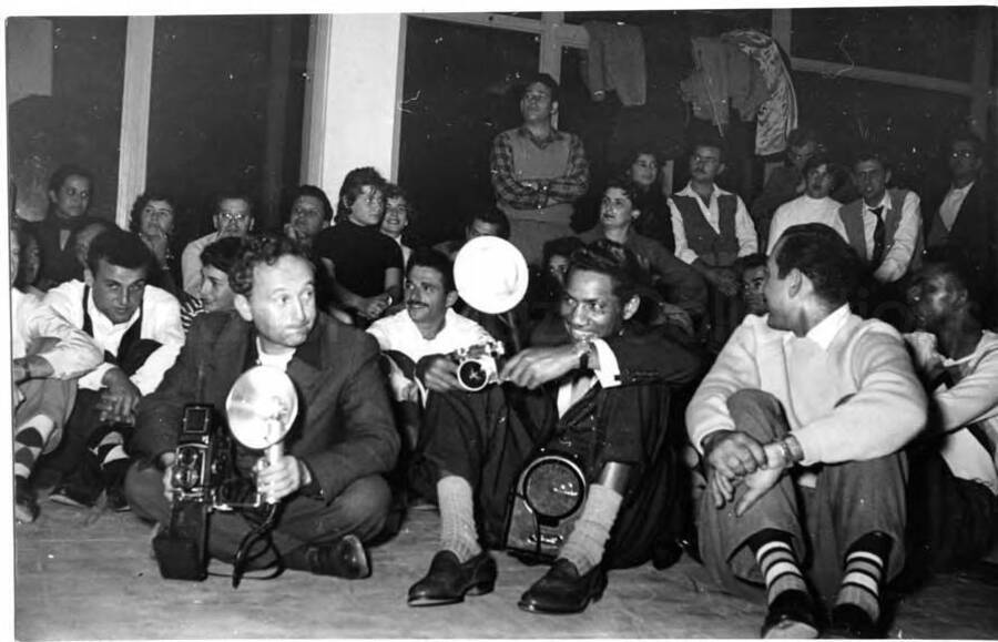 5 x 7 inch photograph. Gladys and Lionel Hampton with band, which includes Curley Hamner, in Israel