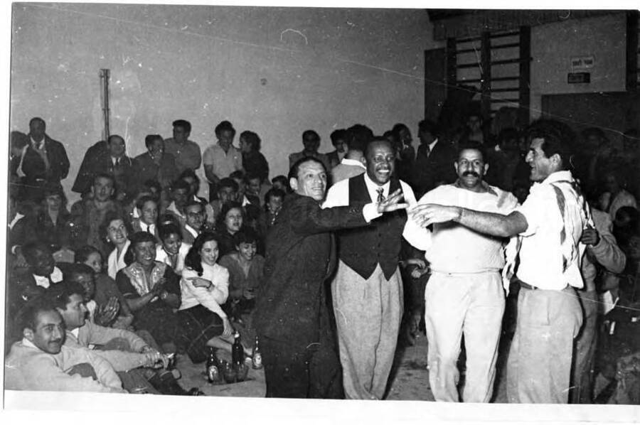 5 x 7 inch photograph. Gladys and Lionel Hampton with band in Israel