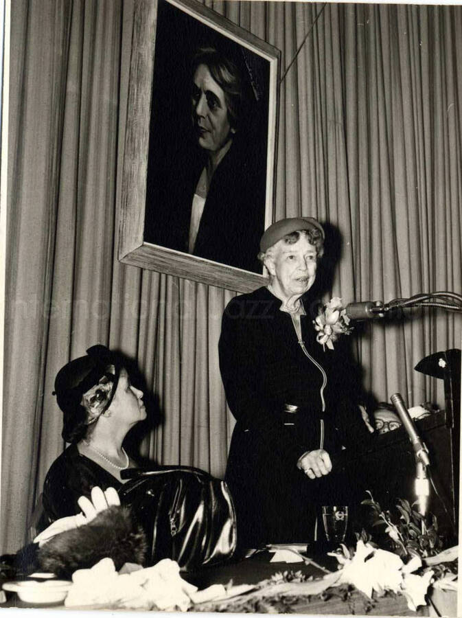 5 x 4 inch photograph. Eleanor Roosevelt [at the Youth Aliyah conference, Israel]. Seen on the wall is a picture of Henrietta Szold