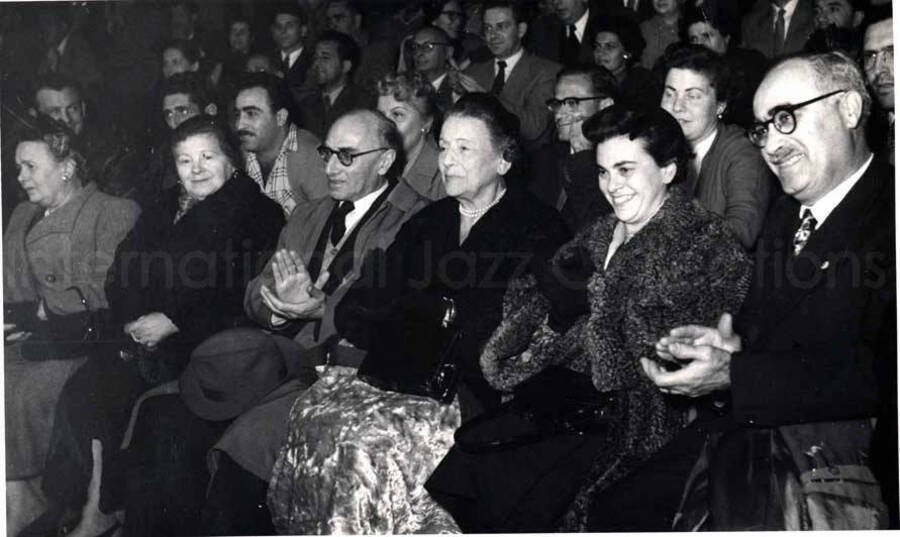 5 x 8 inch photograph. Lionel Hampton performing with band in Israel. Unidentified persons in the audience