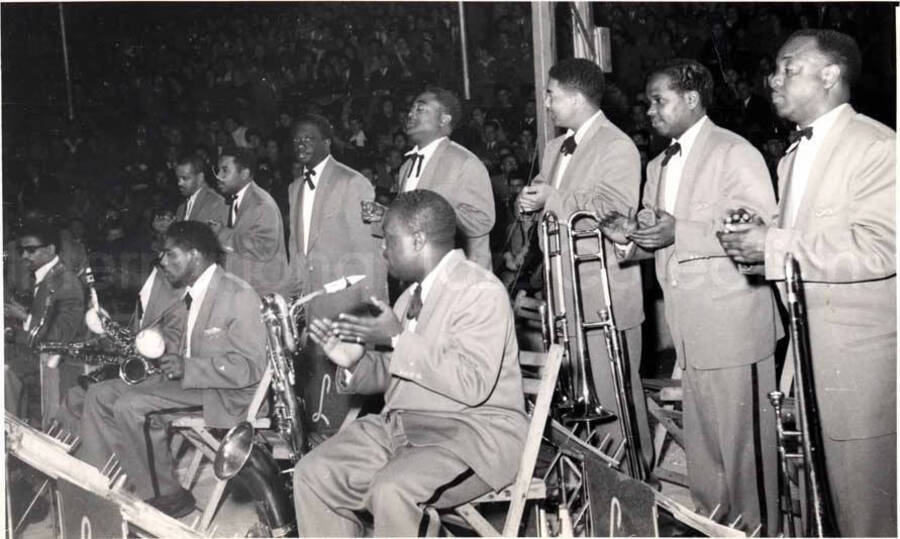 5 x 8 inch photograph. Lionel Hampton performing with band in Israel. Members of the band