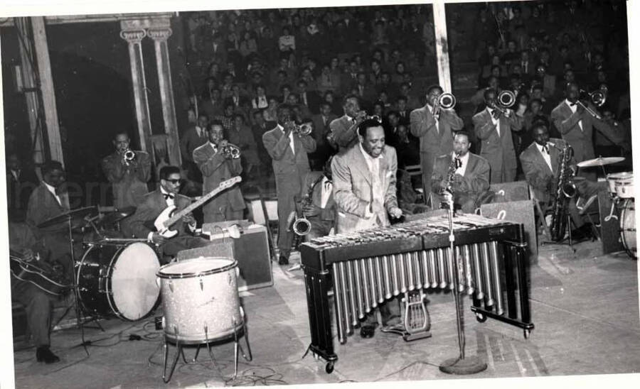 5 x 8 inch photograph. Lionel Hampton performing on vibraphone with band in Israel