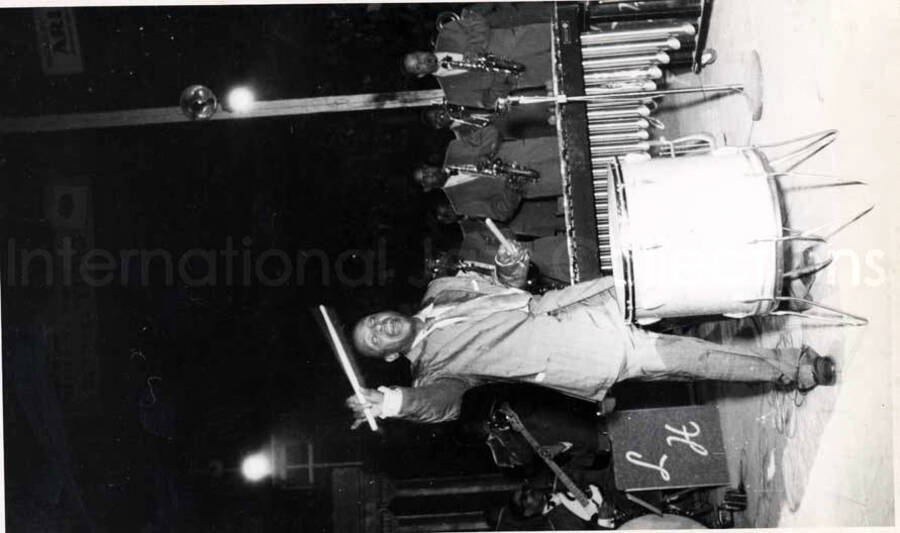 8 x 5 inch photograph. Lionel Hampton performing on drums with band in Israel