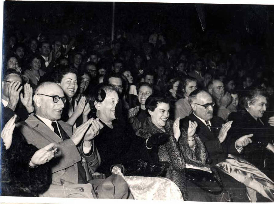 4 1/2 x 6 inch photograph. Lionel Hampton performing with band in Israel. Unidentified persons in the audience