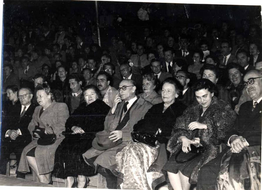 4 1/2 x 6 inch photograph. Lionel Hampton performing with band in Israel. Unidentified persons in the audience