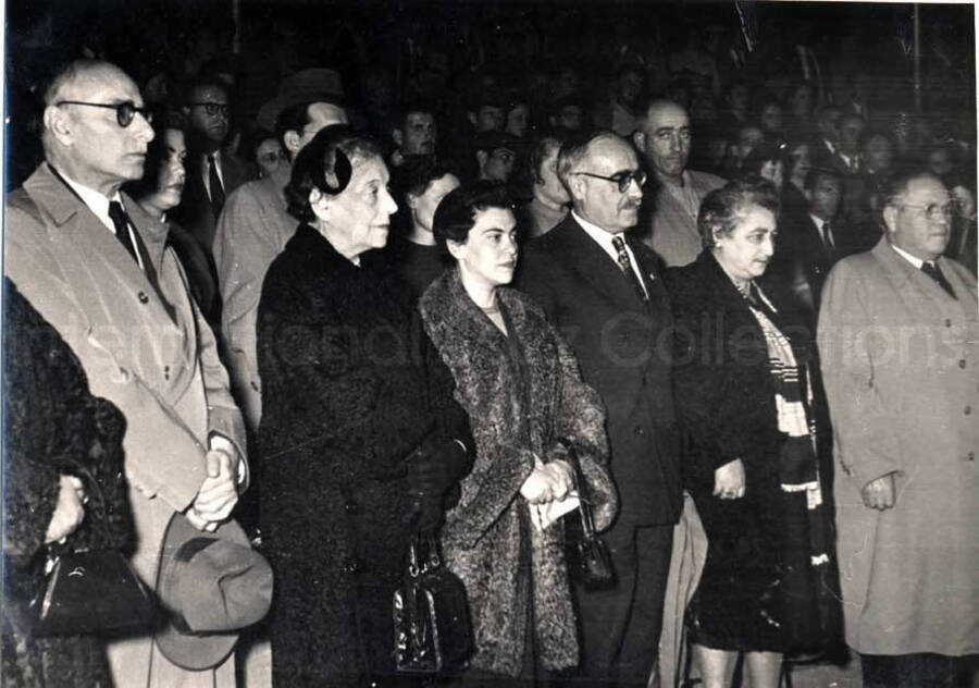 4 1/2 x 6 inch photograph. Lionel Hampton performing with band in Israel. Unidentified persons in the audience