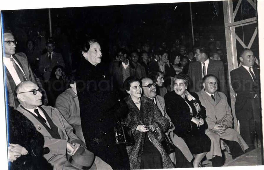 4 1/2 x 6 inch photograph. Lionel Hampton performing with band in Israel. Unidentified persons in the audience