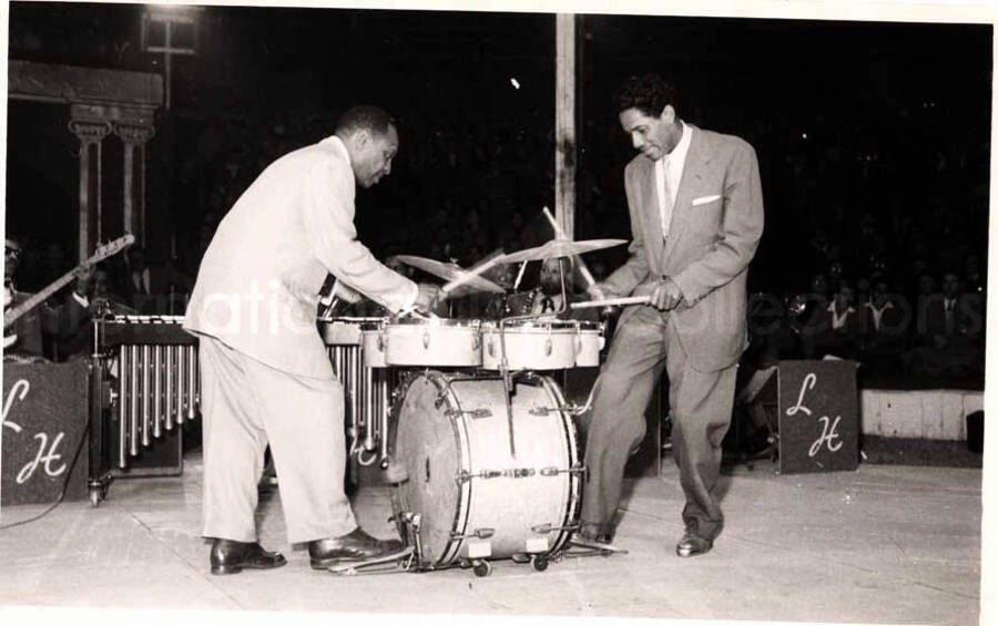 5 x 8 inch photograph. Lionel Hampton performing with band in Israel. Lionel Hampton and Curley Hamner on drums