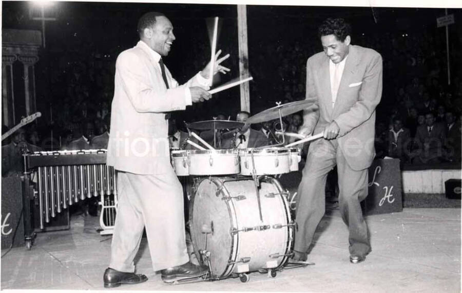 5 x 8 inch photograph. Lionel Hampton performing with band in Israel. Lionel Hampton and Curley Hamner on drums