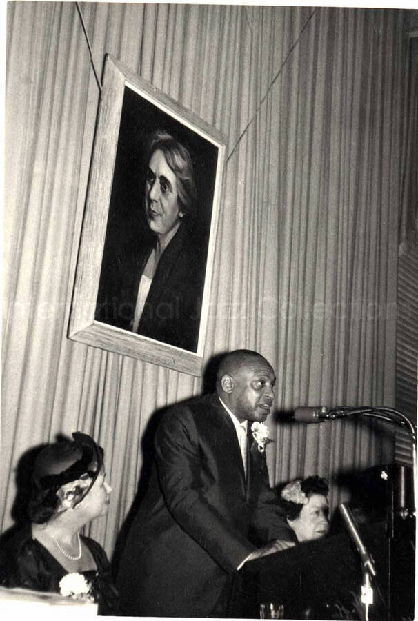 5 1/2 x 4 inch photograph. Lionel Hampton at the Youth Aliyah conference, Israel. Seen on the wall is a picture of Henrietta Szold