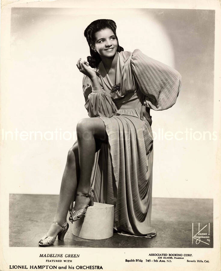 10 x 8 inch promotional photograph. Madeline Green. Inscription on the bottom of the photograph reads: Madeline Green Featured with Lionel Hampton and his Orchestra