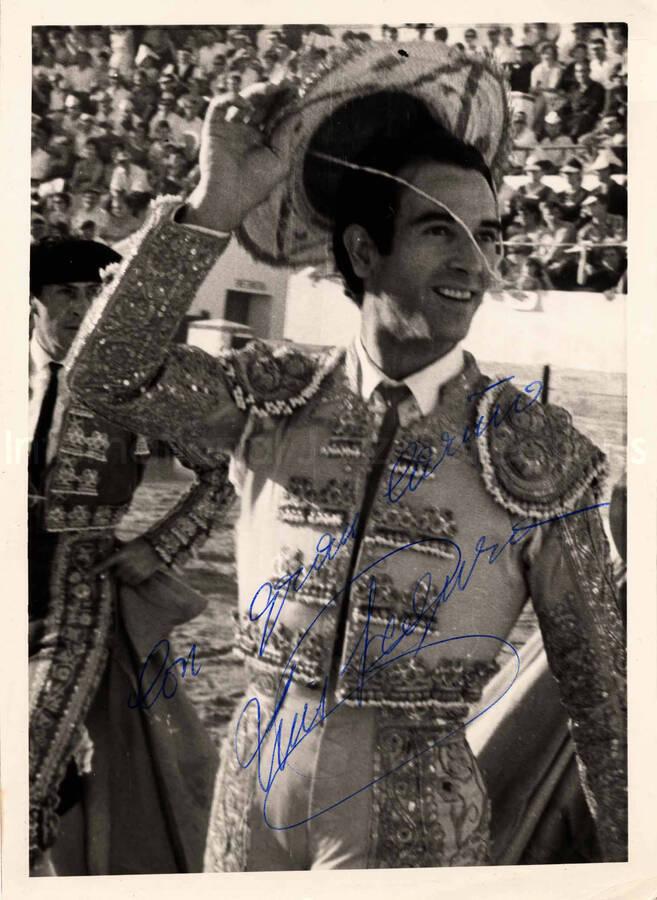 7 x 5 inch photograph. Unidentified bullfighter. This photograph has a dedication from Luis [?]