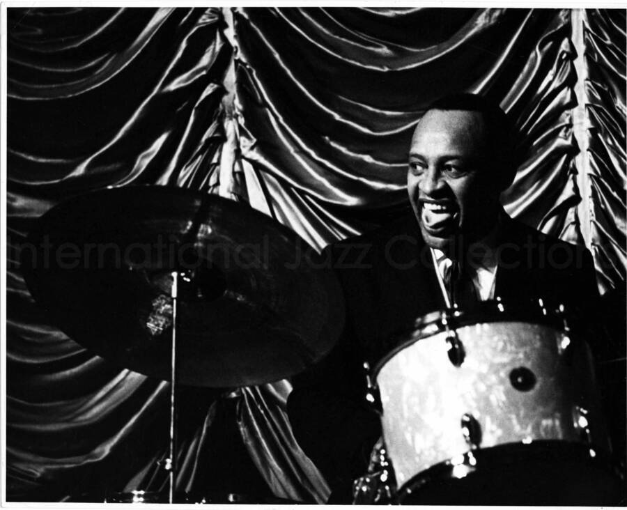 8 x 10 inch photograph. Lionel Hampton performing on the drums [in Japan]