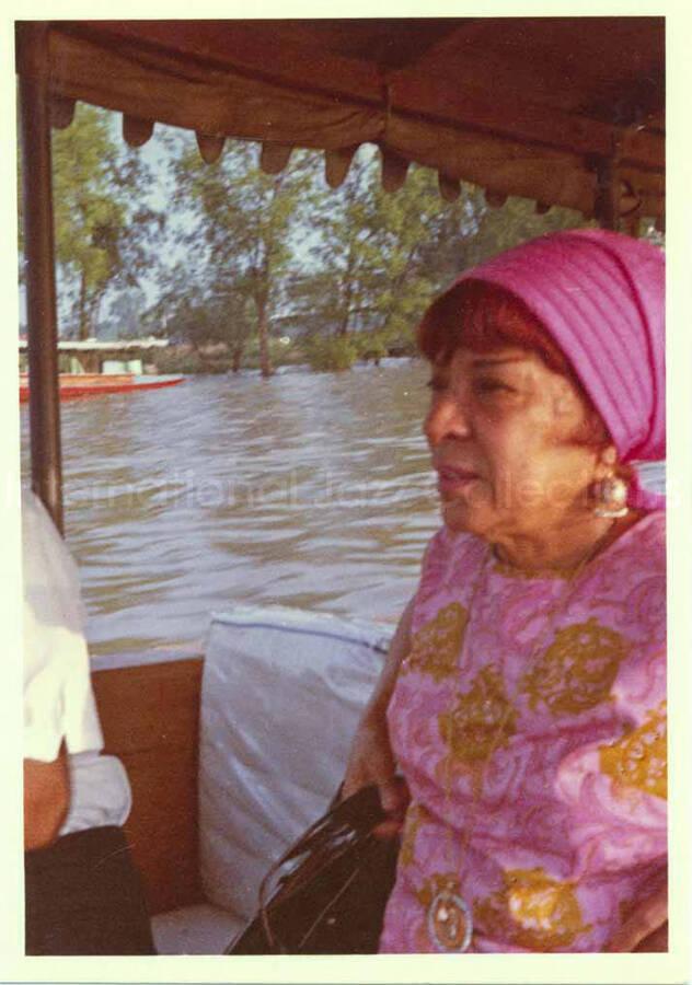 3 1/2 x 2 1/2 inch photograph. Gladys Hampton on a boat