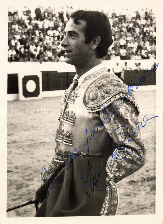 7 x 5 inch photograph. Unidentified bullfighter. This photograph has a dedication from Luis [?]