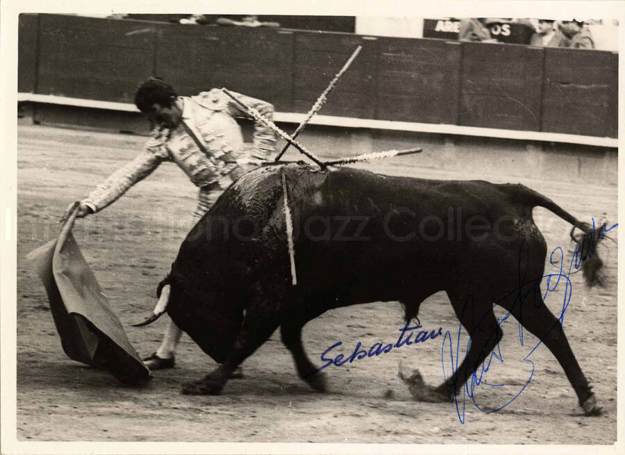 5 x 7 inch photograph. Unidentified bullfighter. This photograph has a dedication from Luis [?]