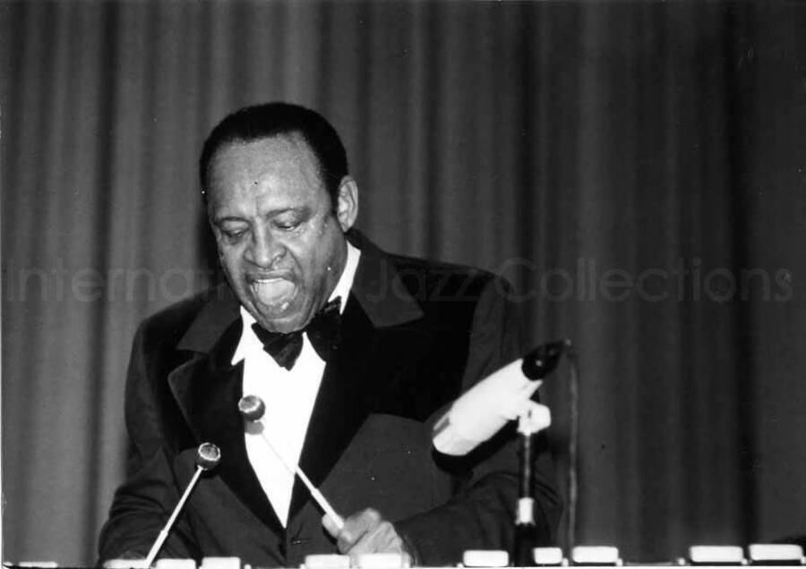 4 x 6 inch photograph. Lionel Hampton playing the vibraphone at the Rheinhalle, in Dusseldorf, Germany