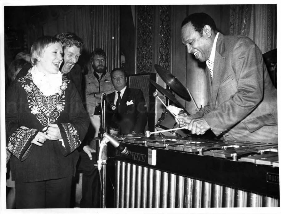7 x 9 1/2 inch photograph. Lionel Hampton playing the vibraphone at the Castle Hotel, in Sweden. A name on the vibraphone reads: Lars Erstrand