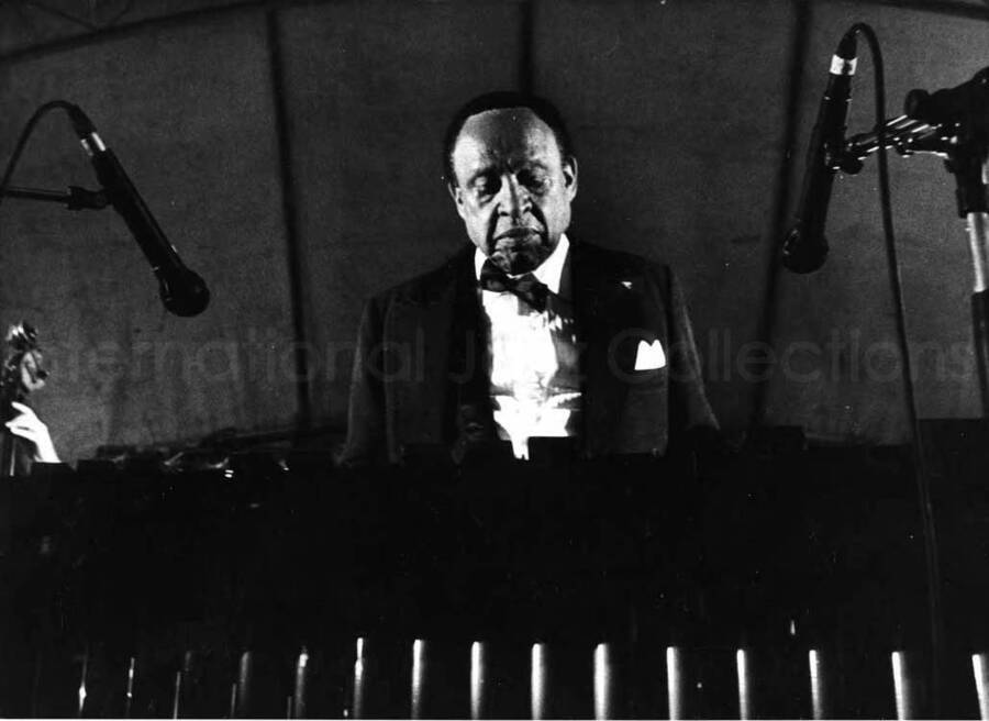 5 x 7 inch photograph. Lionel Hampton playing the vibraphone [in Sweden]