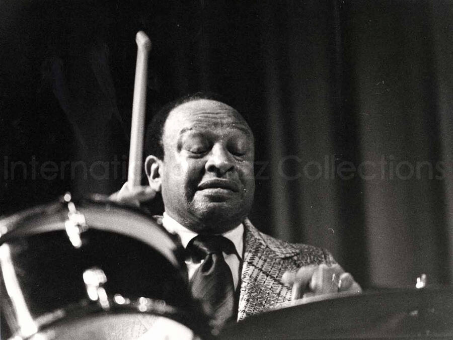 7 x 9 1/2 inch photograph. Lionel Hampton performing on drums [in Marseille, France]