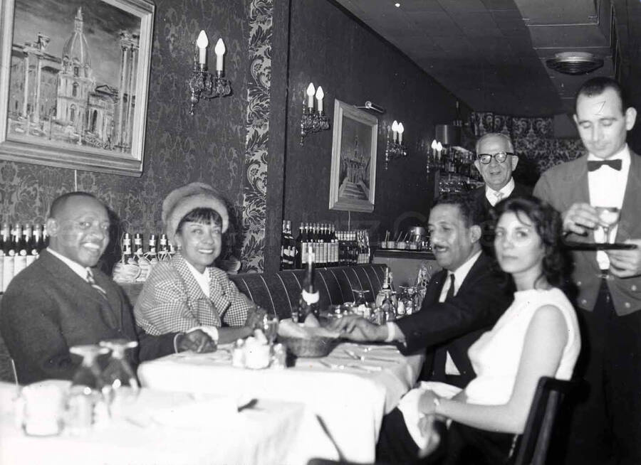 7 x 9 1/2 inch photograph. Gladys and Lionel Hampton the restaurant Via Veneto in Rome, Italy