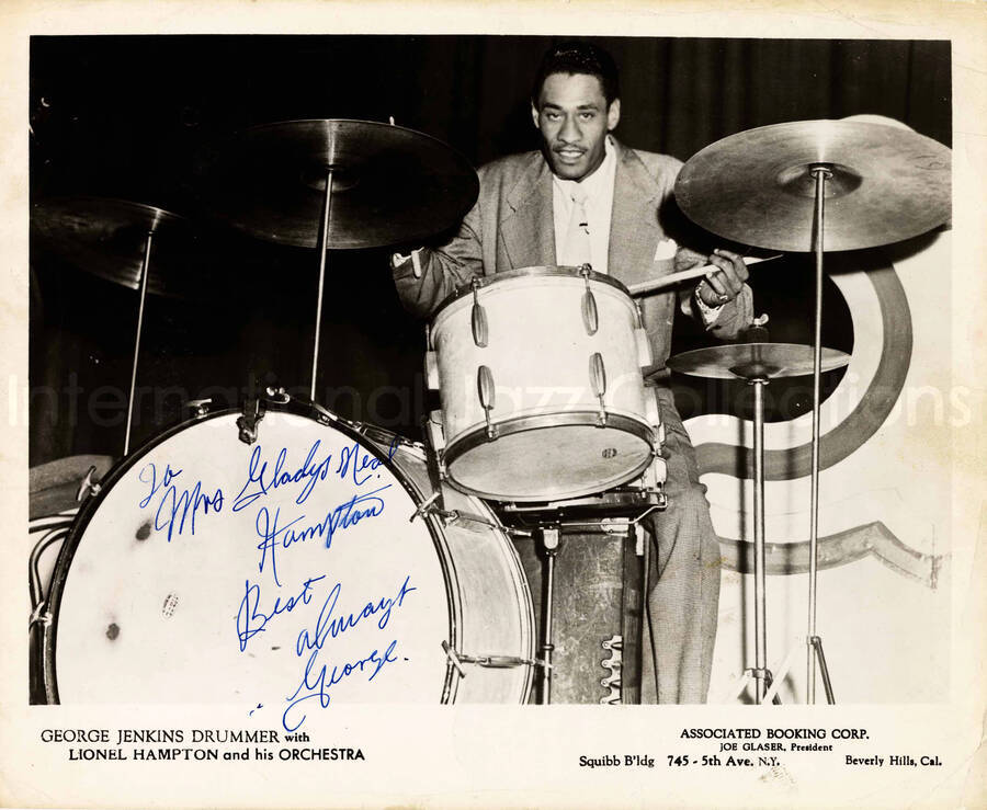 8 x 10 inch promotional photograph. George Jenkins. Inscription on the bottom of the photograph reads: George Jenkins Drummer with Lionel Hampton and his Orchestra. This photograph is dedicated to Gladys and Lionel Hampton