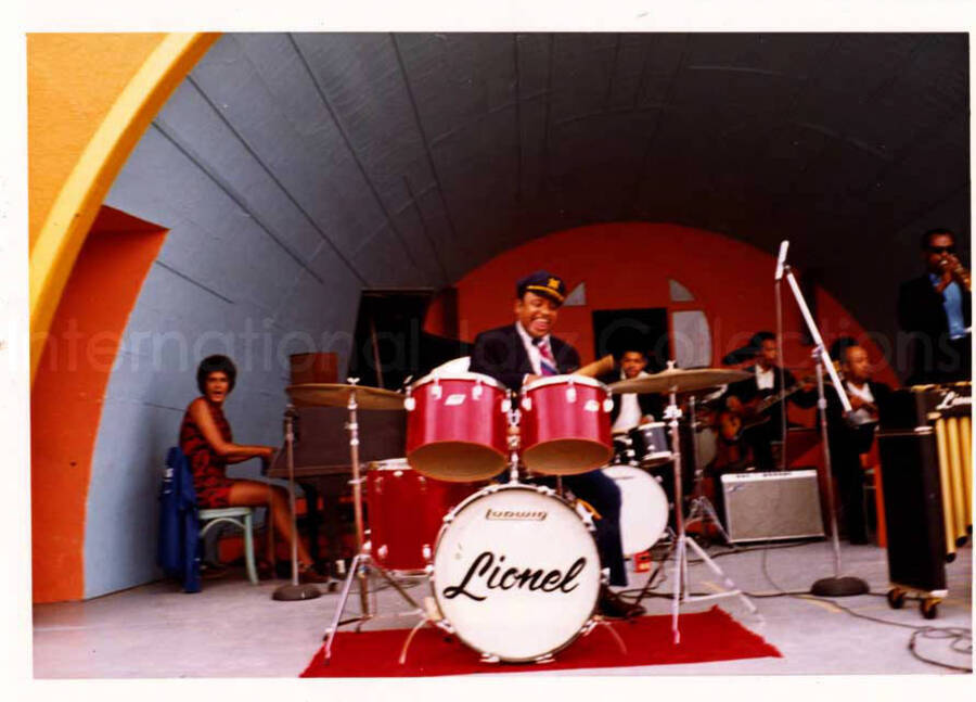3 1/2 x 5 inch photograph. Lionel Hampton and band at an outdoor concert