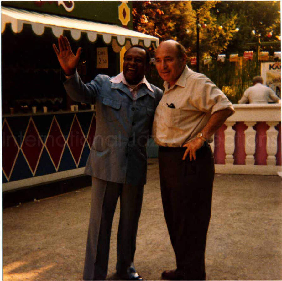 5 x 5 inch photograph. Lionel Hampton with George Wein [in Switzerland?]