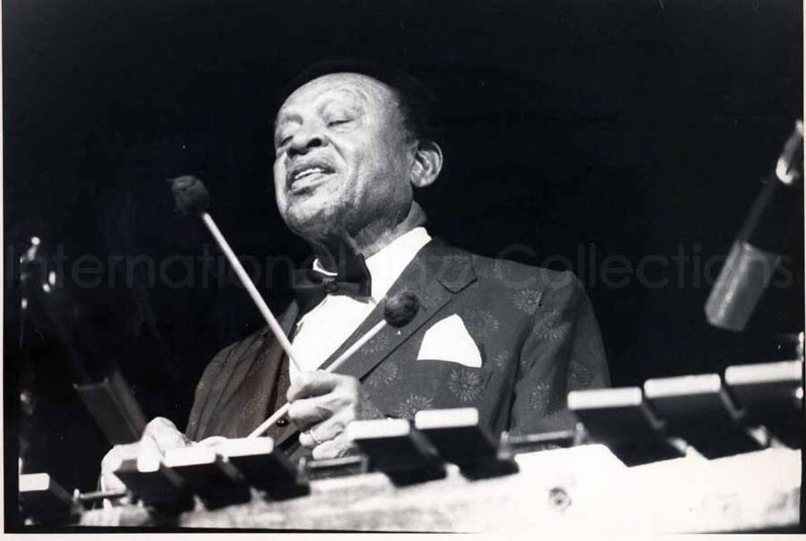7 x 9 1/2 inch photograph. Lionel Hampton playing the vibraphone [in Italy]