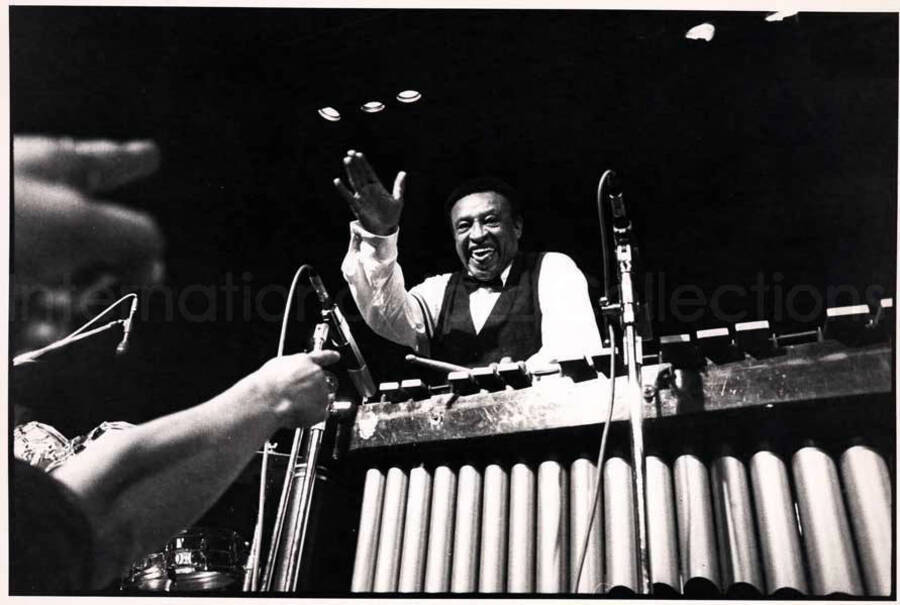 7 x 9 1/2 inch photograph. Lionel Hampton playing the vibraphone [in Italy?]