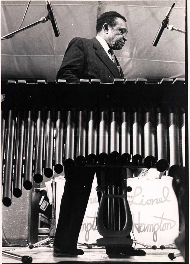 9 1/2 x 7 inch photograph. Lionel Hampton playing the vibraphone [in Italy]